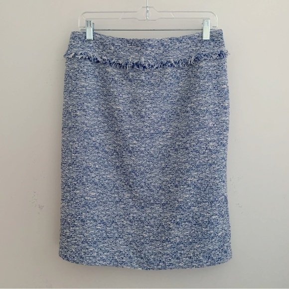 J. McLaughlin Tweed Pencil Skirt Sz 8 Blue Fringe - Picture 9 of 9